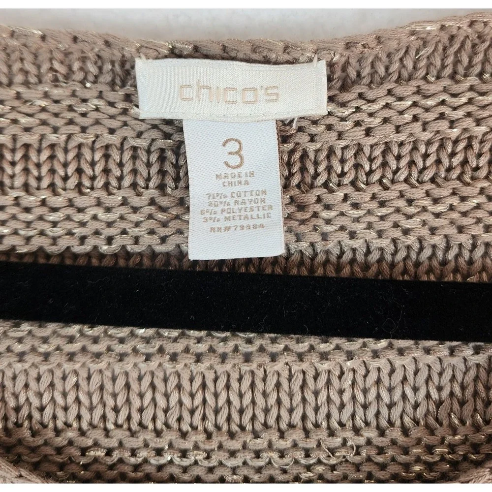Chicos Women Sz 3 Knit Sweater Pullover Tan Gold Metallic Stripes Classic Career
